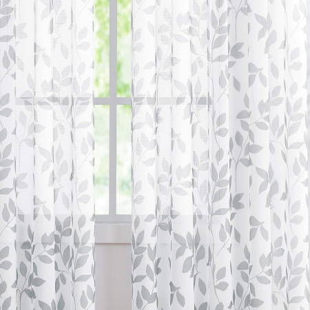 Set 2 Perdele Voal cu Imprimeu Frunze Gri, 136 x 180 cm/Bucată, 8 Ochiuri Metalice, Material Texturat, Semi-Transparente, Alb-Gri [5]