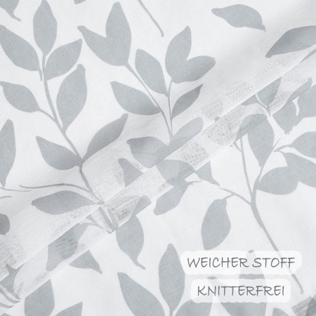 Set 2 Perdele Voal cu Imprimeu Frunze Gri, 136 x 180 cm/Bucată, 8 Ochiuri Metalice, Material Texturat, Semi-Transparente, Alb-Gri [6]