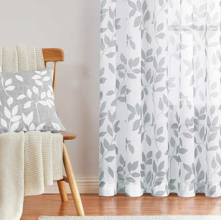 perdele su draperii - Set 2 Perdele Voal cu Imprimeu Frunze Gri, 136 x 180 cm/Bucată, 8 Ochiuri Metalice, Material Texturat, Semi-Transparente, Alb-Gri