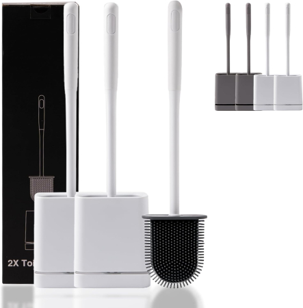 curatenie baie - Perie de toaleta cu peri din silicon, set 2 bucati cu suporti