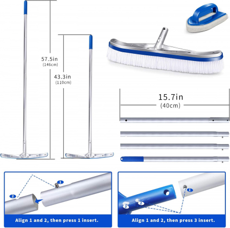 Perie pentru curatare piscină, cu tija telescopica din aluminiu, set cu burete cu maner [1]