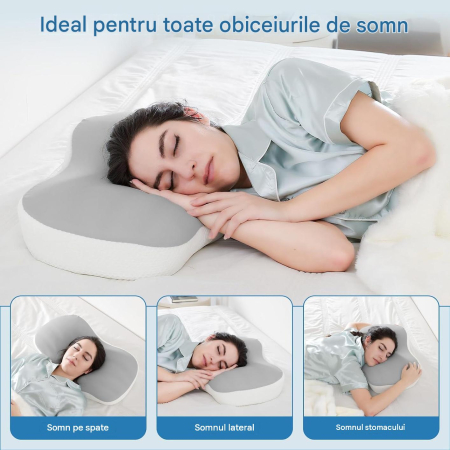 Perna de gât din spumă cu memorie ortopedică înălțime reglabilă husă respirabilă – Gri [5]