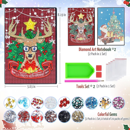 Pictura cu diamant 5D, adulti, copii, set 2 bucati A5, Ren si Mos Craciun [6]