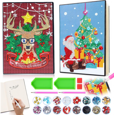 PICTURA - Pictura cu diamant 5D, adulti, copii, set 2 bucati A5, Ren si Mos Craciun