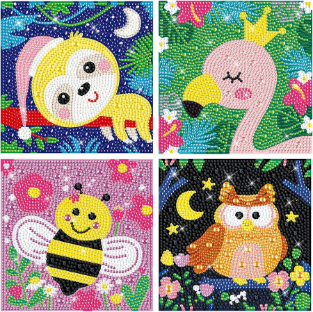PICTURA - Pictura cu diamant 5D, copii, set 4 bucati 15x15 cm, cartoon