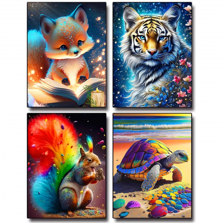 PICTURA - Pictura cu diamant 5D tigru, veveriță, broaște țestoasă și vulpe pictură 30x40 cm set 4 bucati