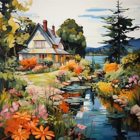PICTURA - Pictura pe panza numerotata 40x40 cm, vopsea acrilica, pensule, suporti atarnare, "Casa in padure"