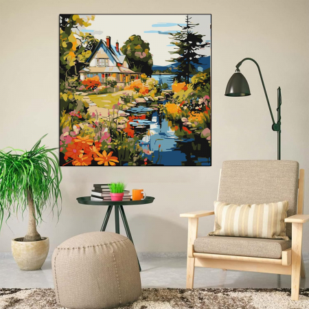 Pictura pe panza numerotata 40x40 cm, vopsea acrilica, pensule, suporti atarnare, "Casa in padure" [2]
