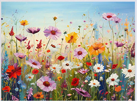 PICTURA - Pictura pe panza numerotata 40x30 cm, vopsea acrilica, pensule, suporti atarnare, "Flori sub cer albastru"