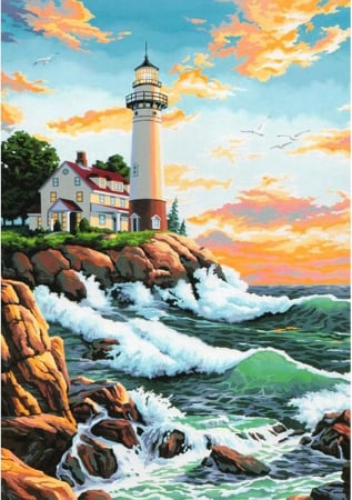 PICTURA - Pictura pe panza numerotata 40x50 cm, vopsea acrilica, pensule, suporti atarnare, "Far la mare"