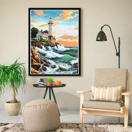 Pictura pe panza numerotata 40x50 cm, vopsea acrilica, pensule, suporti atarnare, "Far la mare" [2]