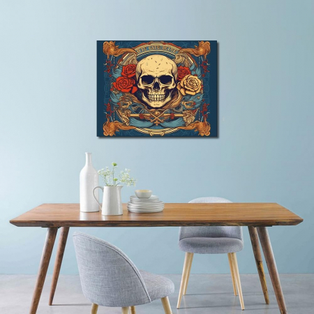 Pictura pe panza numerotata 40x50 cm, vopsea acrilica, pensule, suporti atarnare, "Craniu cu flori" [4]