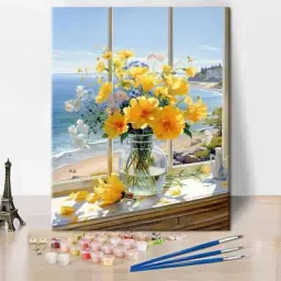 PICTURA - Pictura pe panza numerotata 40x50 cm, vopsea acrilica, pensule, suporti atarnare, "Vaza cu flori"