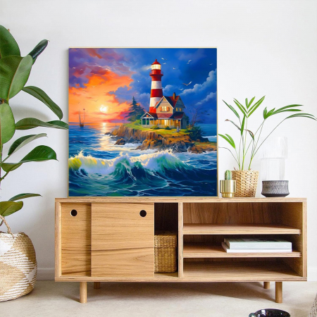 Pictura pe panza numerotata 40x40 cm, vopsea acrilica, pensule, suporti atarnare, "Far de mare" [3]