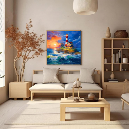 Pictura pe panza numerotata 40x40 cm, vopsea acrilica, pensule, suporti atarnare, "Far de mare" [2]