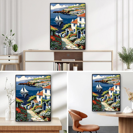 Pictura pe panza numerotata 40x50 cm, vopsea acrilica, pensule, suporti atarnare, "Case la mare" [4]