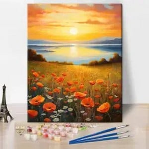 PICTURA - Pictura pe panza numerotata 40x50 cm, vopsea acrilica, pensule, suporti atarnare, "Camp cu flori"
