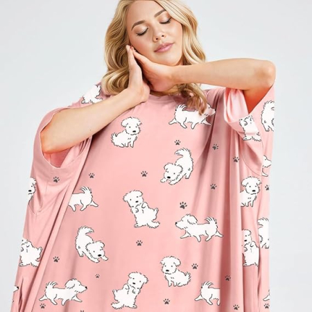 Camasa lejera de somn pentru femei, din material moale, roz cu catei [2]