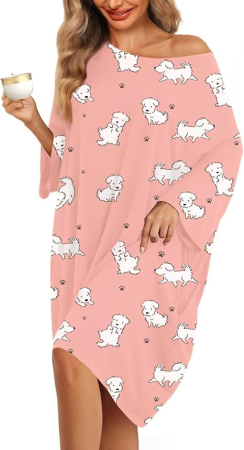 Pijamale dama - Camasa lejera de somn pentru femei, din material moale, roz cu catei