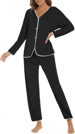 Pijamale dama - Pijama lejera de somn pentru femei, din material moale, 2 piese, negru/alb M