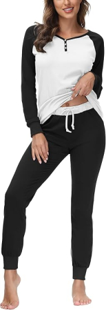 Pijamale dama - Pijama lejera de somn pentru femei, din material moale, 2 piese, negru/alb L