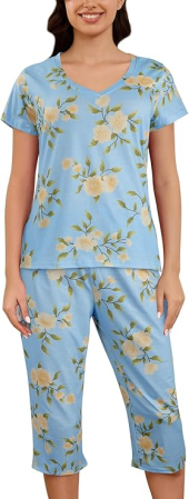 Pijamale dama - Pijama lejera de somn pentru femei, din material moale, albastra cu flori 3XL