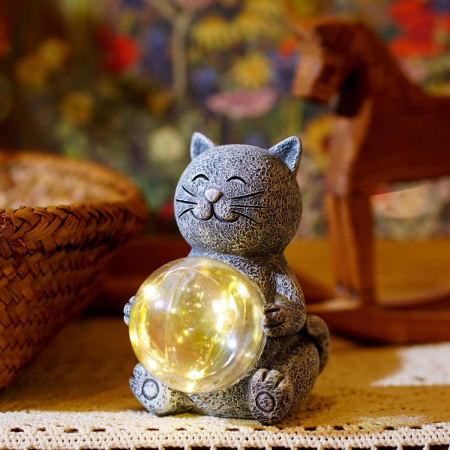 ornamente solare de gradina - Figurină decorativă pisică cu LED, 12 cm, lumină caldă, rășină, alimentare pe baterii, cutie cadou