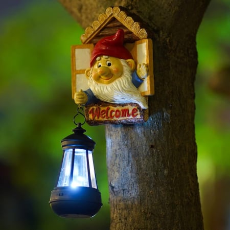 ornamente solare de gradina - Pitic de copac cu felinar LED solar, 30x14 cm