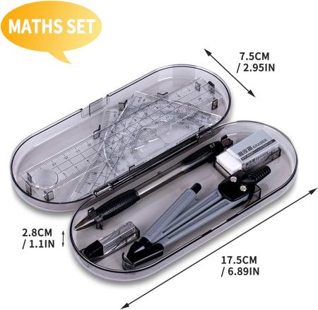 Set 8 rechizite școlare, compas, echer, riglă 15 cm, raportor, radieră, creion mecanic cu mină [1]