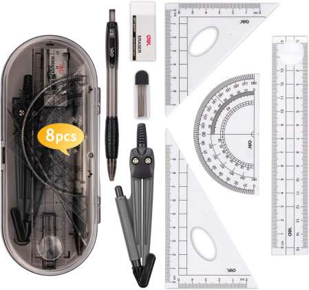Pixuri - Set 8 rechizite școlare, compas, echer, riglă 15 cm, raportor, radieră, creion mecanic cu mină