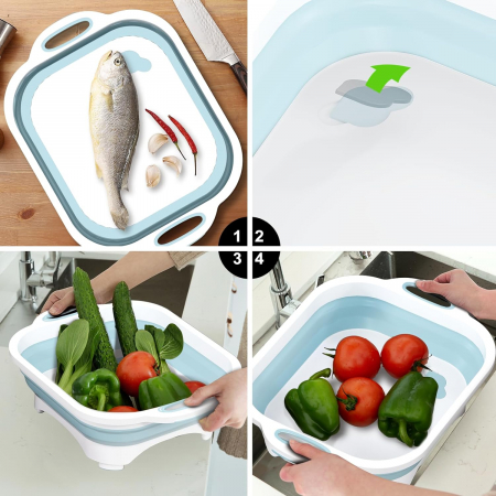 Placa de taiere pliabila cu cutit- spalare si scurgere,ideala  pentru picnic, BBQ Prep si camping, plastic bleu, 40x30x13 cm [5]