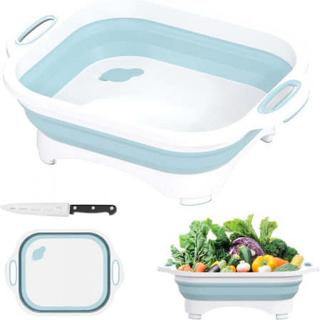 USTENSILE DE GATIT - Placa de taiere pliabila cu cutit- spalare si scurgere,ideala  pentru picnic, BBQ Prep si camping, plastic bleu, 40x30x13 cm