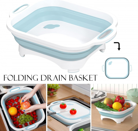Placa de taiere pliabila cu cutit- spalare si scurgere,ideala  pentru picnic, BBQ Prep si camping, plastic bleu, 40x30x13 cm [4]