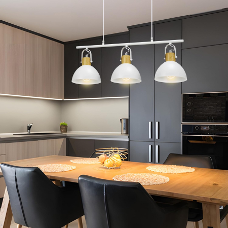 Lampa plafon 3 Becuri E27, Metal Alb și Lemn, Înălțime Reglabilă 50-110 cm [4]