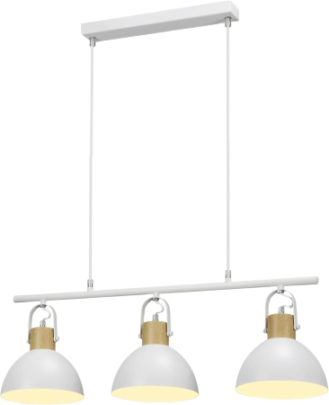 LAMPI PLAFON - Lampa plafon 3 Becuri E27, Metal Alb și Lemn, Înălțime Reglabilă 50-110 cm