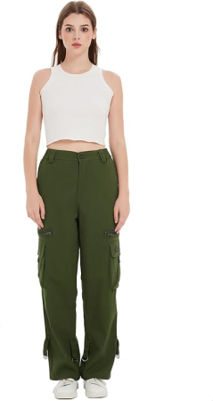 Pantaloni verzi largi pentru femei, talie inalta, buzunare, marime S [4]