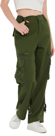 Pantaloni verzi largi pentru femei, talie inalta, buzunare, marime L [3]