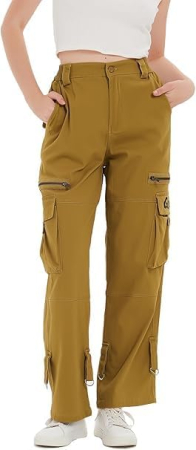 Pantaloni kaki largi pentru femei, talie inalta, buzunare, marime S [1]