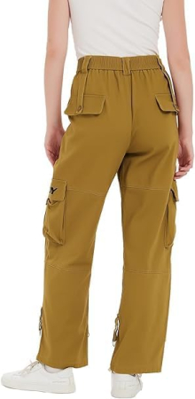 Pantaloni kaki largi pentru femei, talie inalta, buzunare, marime S [3]