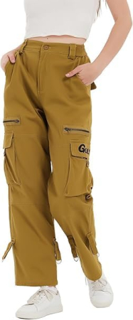 Pantaloni kaki largi pentru femei, talie inalta, buzunare, marime S [2]