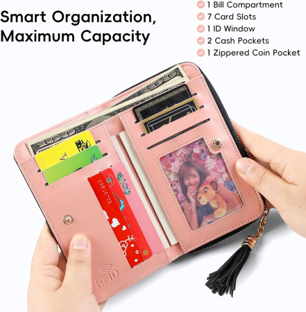 Portofel albastru elegant pentru femei, cu blocare RFID, fermoar metalic, 15.5x9.5x3 cm [1]