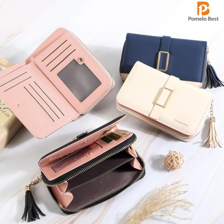 Portofel albastru elegant pentru femei, cu blocare RFID, fermoar metalic, 15.5x9.5x3 cm [5]