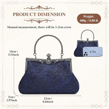 Poseta eleganta de umar Albastra, brodata, 22 x 15 x 6 cm [3]