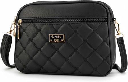 Genti dama - Geantă de umăr damă tip crossbody, piele ecologică, 4 buzunare cu fermoar, curea reglabilă