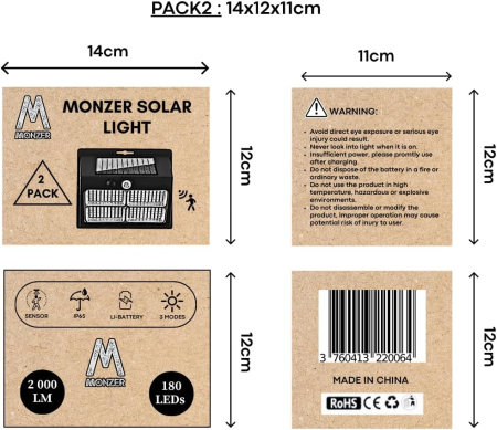Proiectoar solar cu 180 LED-uri. IP 65, 3 moduri, unghi de iluminare de 240°, senzor miscare, set 2 buc [1]