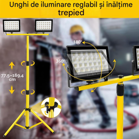 Proiector LED 2x60W, 11000 lm, trepied reglabil 77,5-169,5 cm, 6000K IP66 cablu 4m – Alb rece [3]