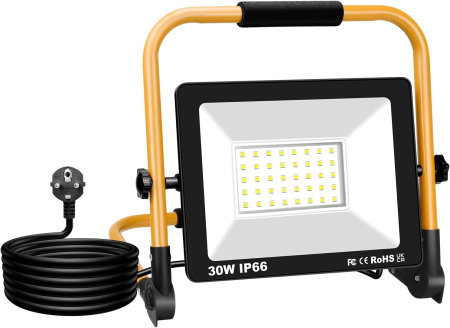 Proiectoare si lampi de lucru - Proiector constructii cu suport, LED 30W 3000LM 6000K IP66 rotativă 360°, cablu 3 m