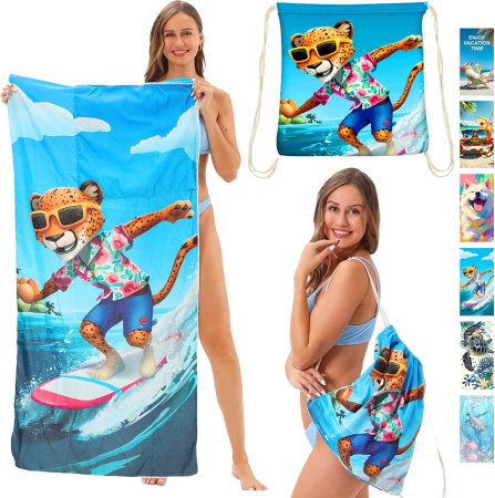 Prosoape si halate de baie copii - Prosop la plajă din microfibra cu model Pantera 70 x 140 cm si rucsac textil