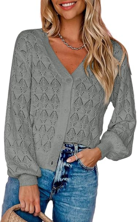 Bluze dama - Cardigan gri Damă Scurt, Tricotat, cu Nasturi, Decolteu V și Mâneci Bufante, S