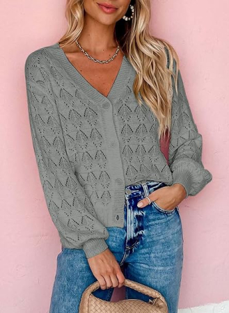 Cardigan gri Damă Scurt, Tricotat, cu Nasturi, Decolteu V și Mâneci Bufante, XL [3]